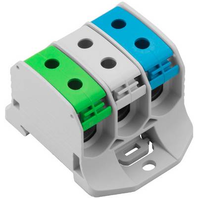 Tri farebne kódované elektrické svorky v zelnej, sivej a modrej farbe, vzájomne prepojené, určené na upevnenie káblov.