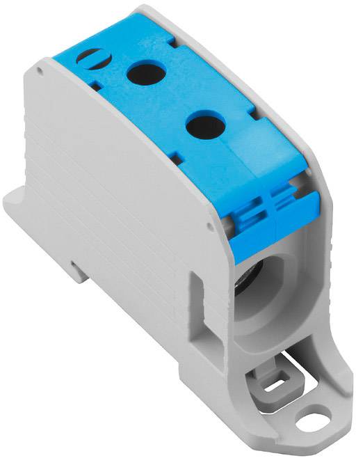 Modrý elektrický pripojovací blok v šedom kryte, používaný na bezpečné prepojenie káblov v elektrických systémoch.