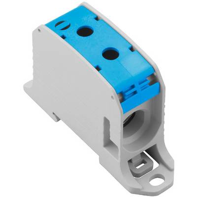 Modrý elektrický pripojovací blok v šedom kryte, používaný na bezpečné prepojenie káblov v elektrických systémoch.
