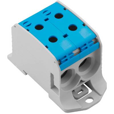 Modrý a sivý elektrický konektor s viacerými vstupmi na zapojenie káblov v elektrickej inštalácii.
