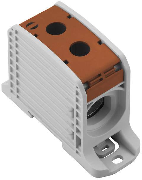 Biela elektrická svorkovnica s dvoma otvormi, vhodná na montáž na DIN lištu.