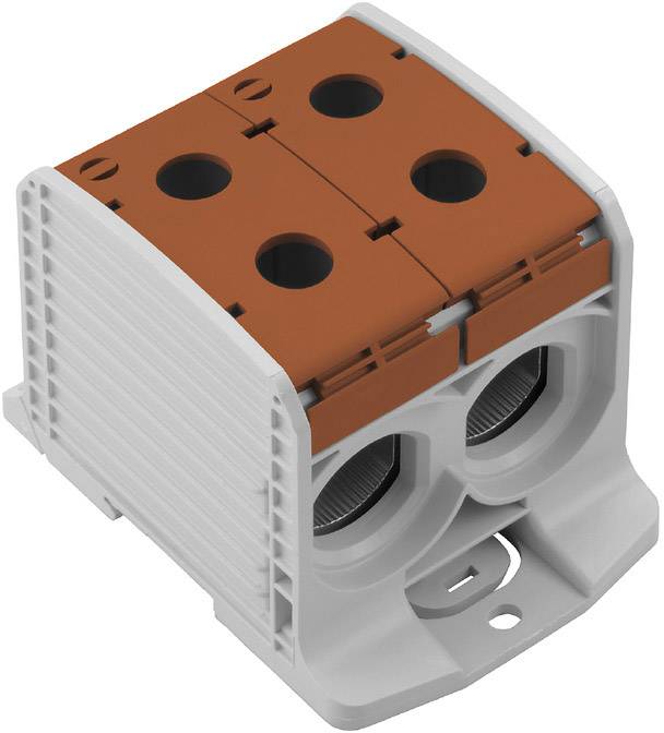 Elektrický konektor s dvomi pripojovaciami otvormi a hnedým krytom, vhodný pre priemyselné použitie.