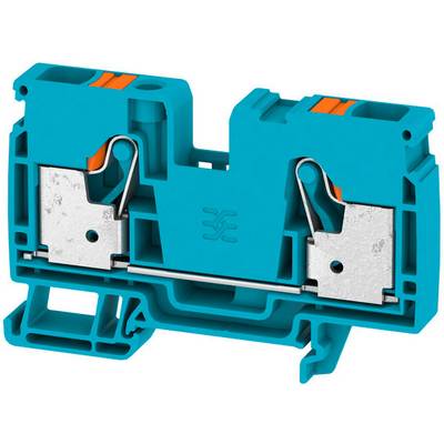 Modrý elektrický svorkovnicový blok s kovovými spojovaciami prvkami a oranžovými pákami, používaný v elektrických rozvádzačoch.