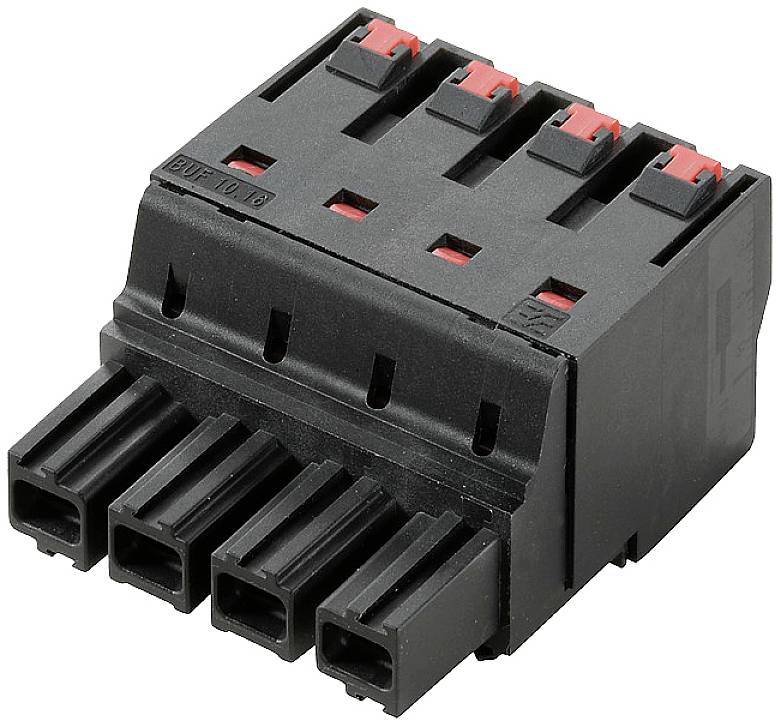 Čierny konektor s piatimi konektormi, všetky označené červenými stláčacími gombíkmi. Používaný prevažne v elektrických aplikáciách.