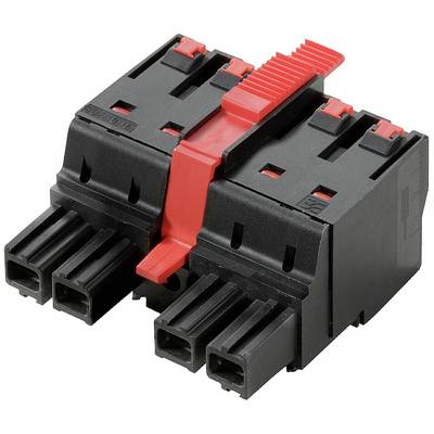 Dvojpólový elektrický konektor v čiernej a červenej farbe, s viacerými pripojovacími zásuvkami. Používaný v priemyselných aplikáciách.