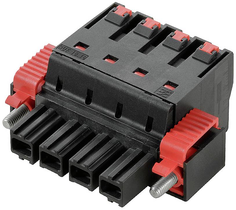 Plastový konektor so šiestimi čiernymi vývodmi a červenými zaisťovacími mechanizmami, vhodný pre elektronické prepojenia a bezpečnú montáž.