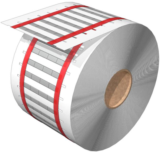 Rolka s RFID štítkami umiestnenými v intervaloch pozdĺž pásu, zvýraznená červenými pruhmi.