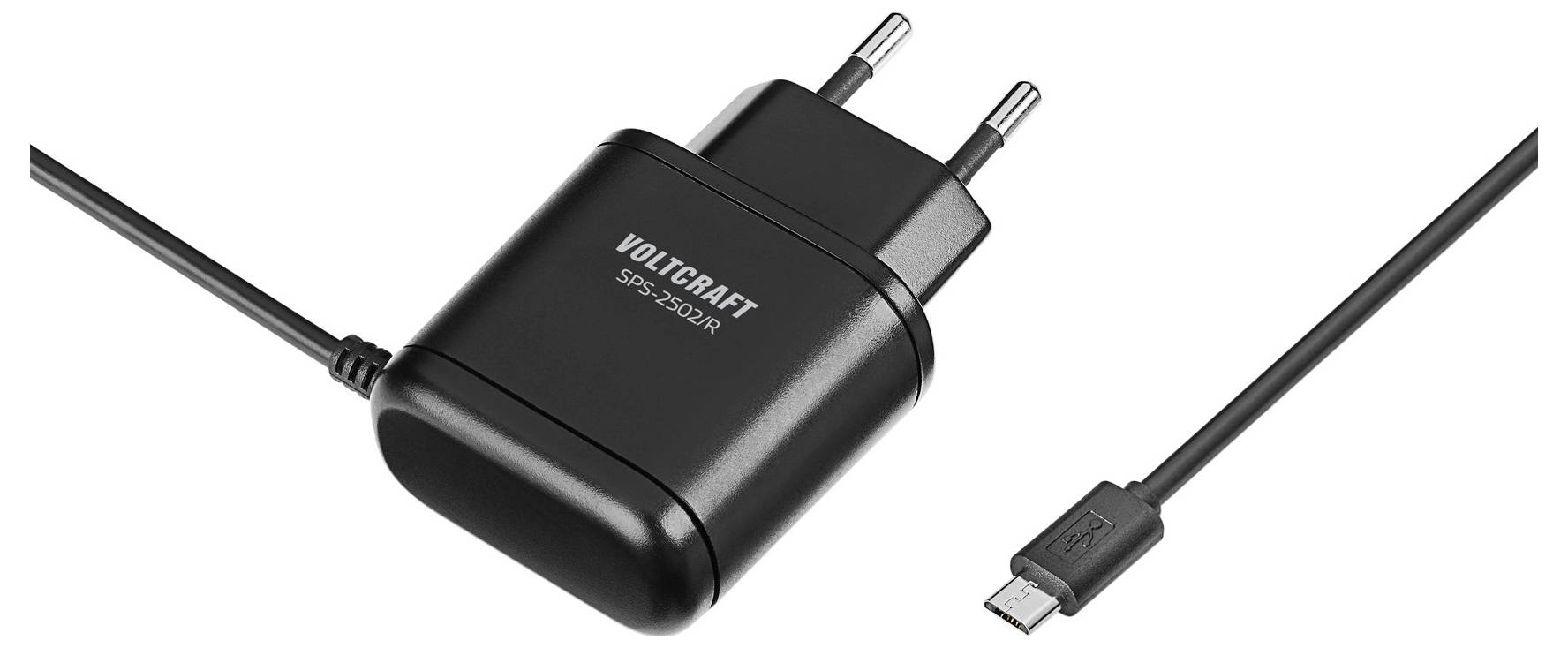 Čierny napájací adaptér Voltcraft s európskou zástrčkou a nabíjacím káblom s micro USB konektorom, vhodný na nabíjanie zariadení.