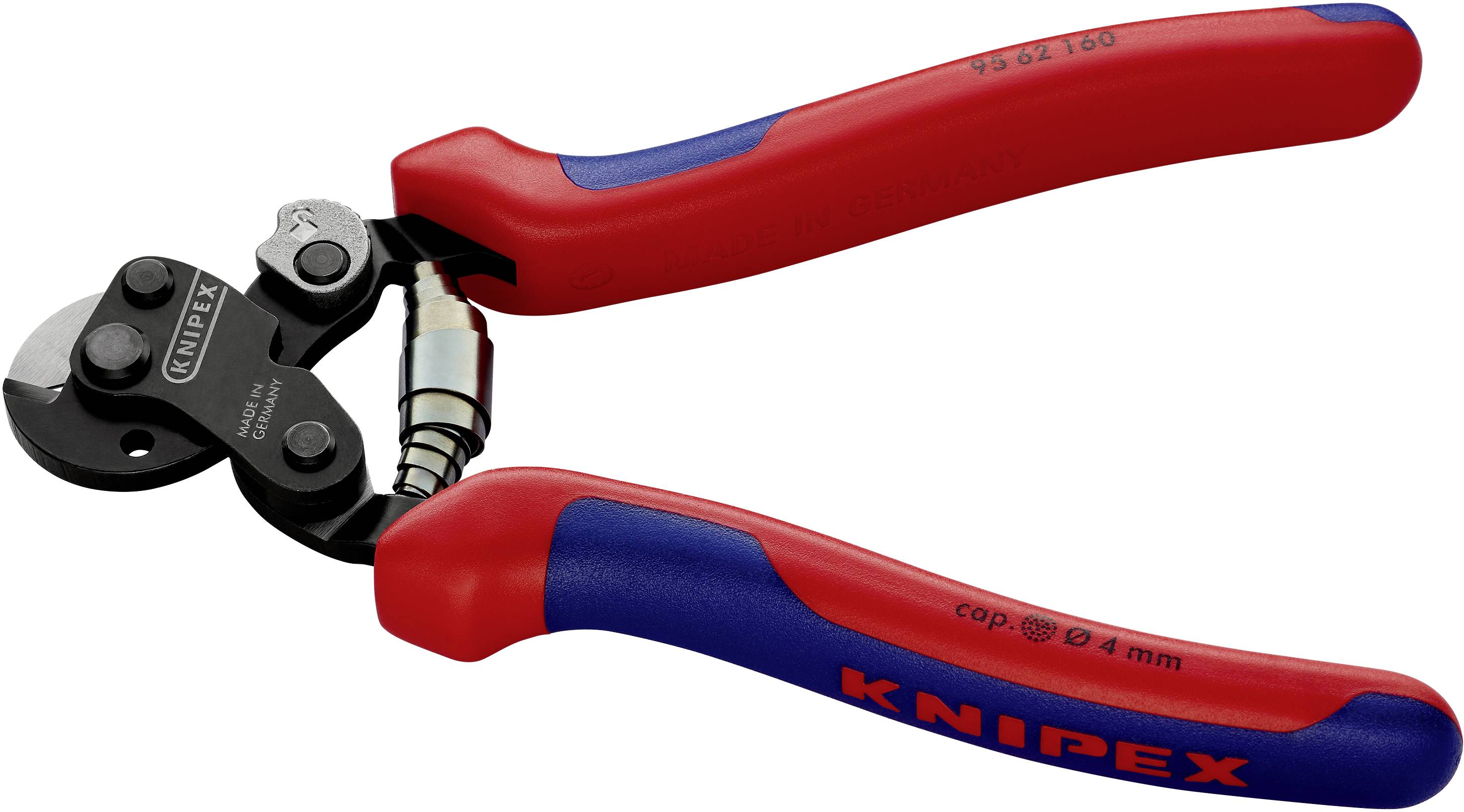 Červené a modré KNIPEX kliešte na drôtené laná s čiernou rezacou hlavou, vhodné na čisté rezanie drôtených lán do hrúbky 4 mm.