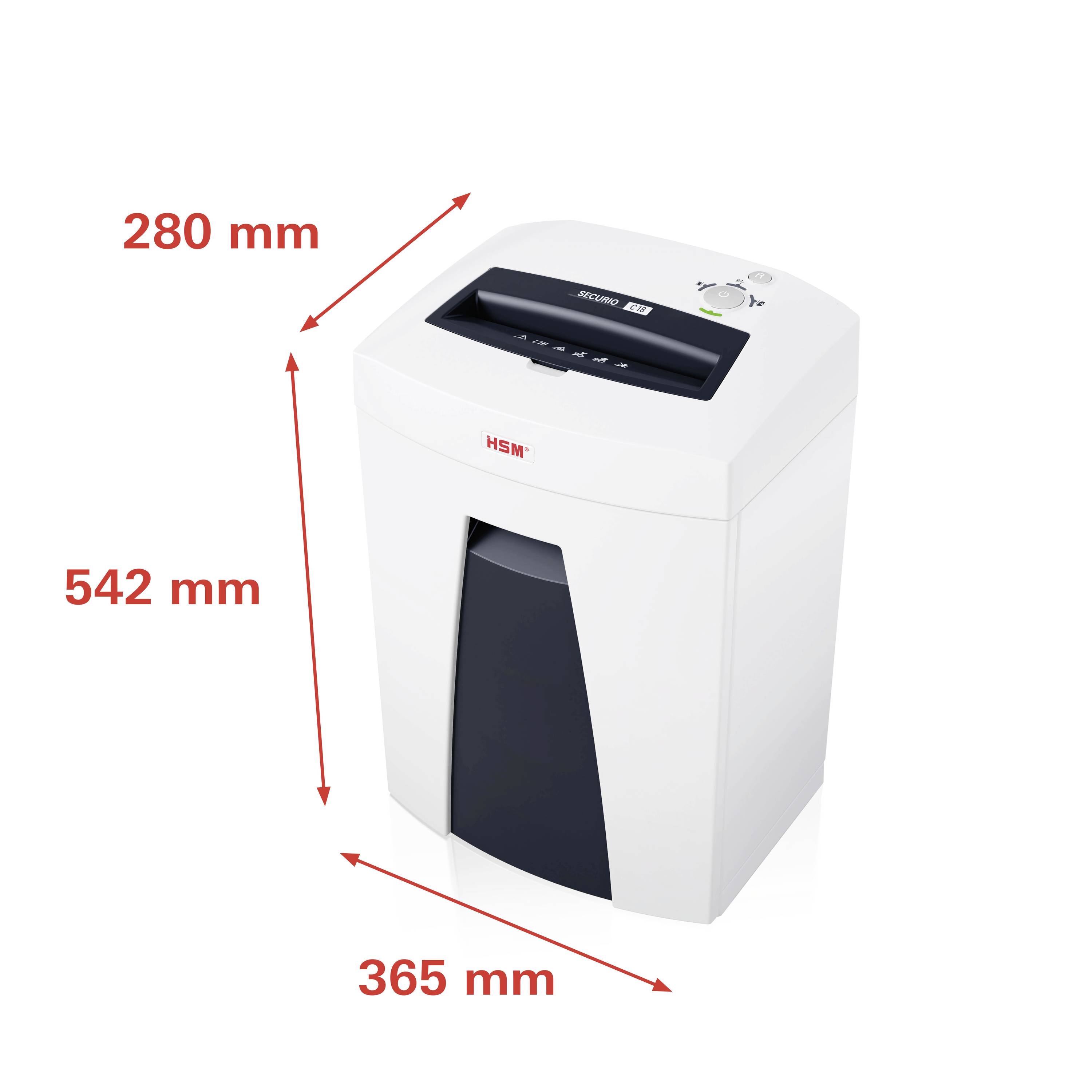 Biely skartovací stroj s čiernym vstupným otvorom. Rozmery: 280 mm šírka, 365 mm hĺbka, 542 mm výška.