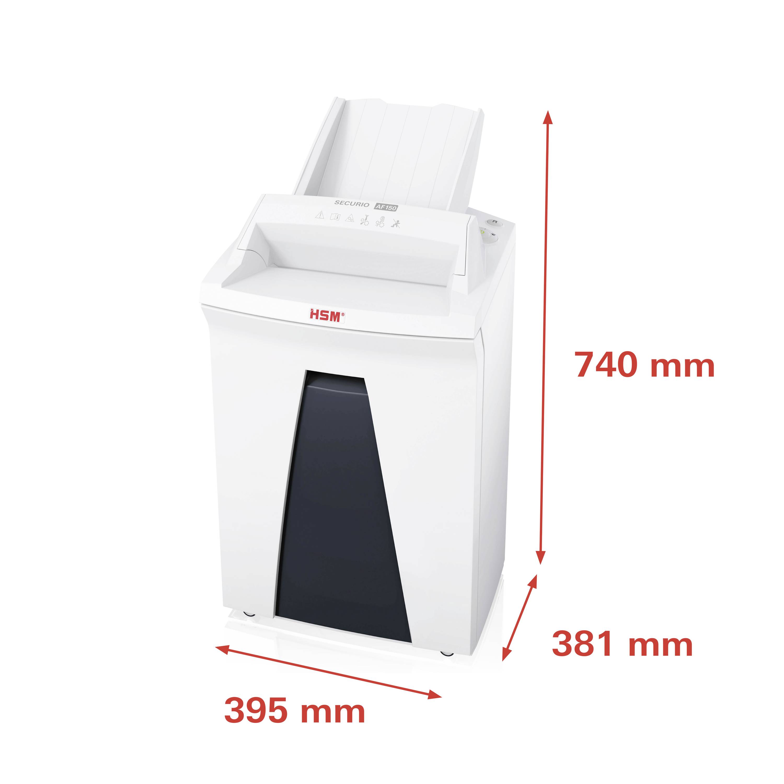 Biely skartovací stroj s modrou prednou plochou. Výška: 740 mm, šírka: 395 mm, hĺbka: 381 mm. Označený značkou 'HSM'.