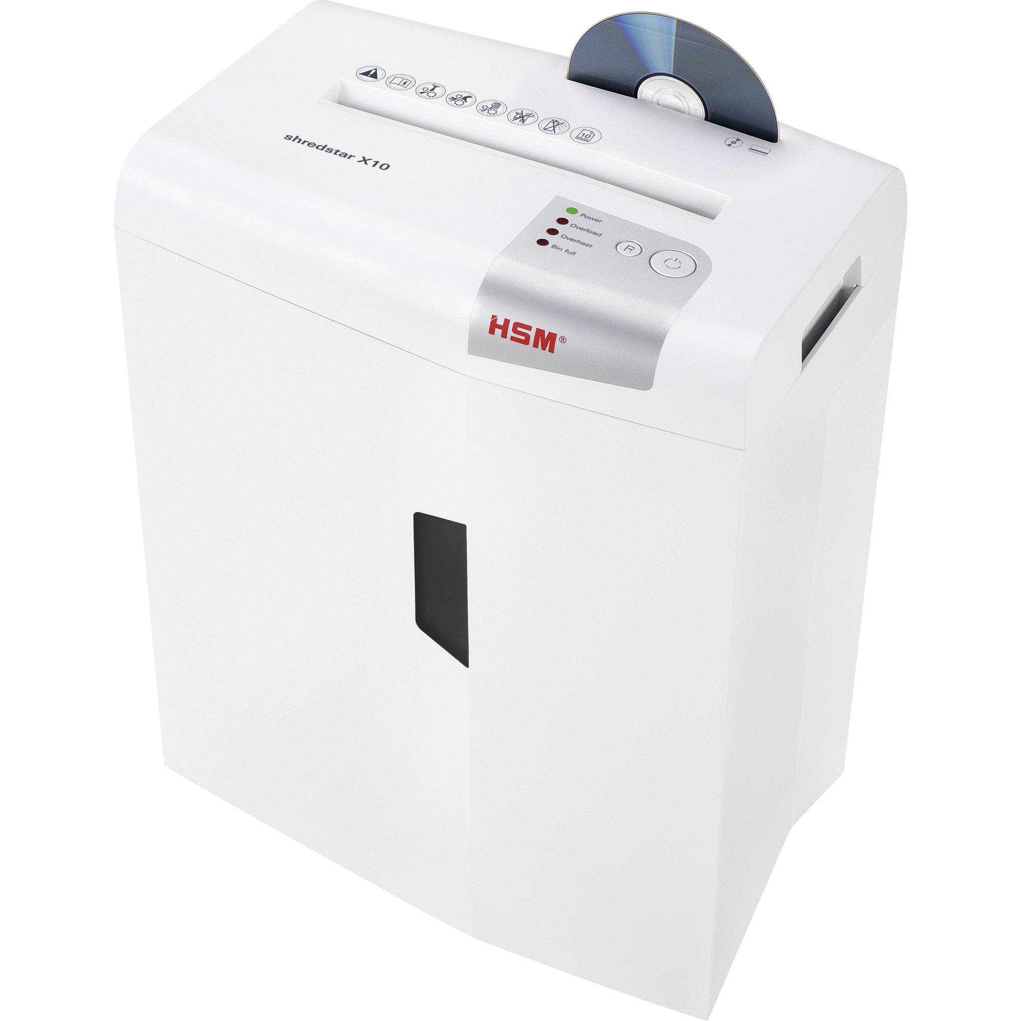 Biely skartovací stroj s nápisom 'HSM shredstar X10'. Určený na ničenie papiera a CD nosičov. Ovládací panel s tlačidlami a kontrolkami na hornej strane.