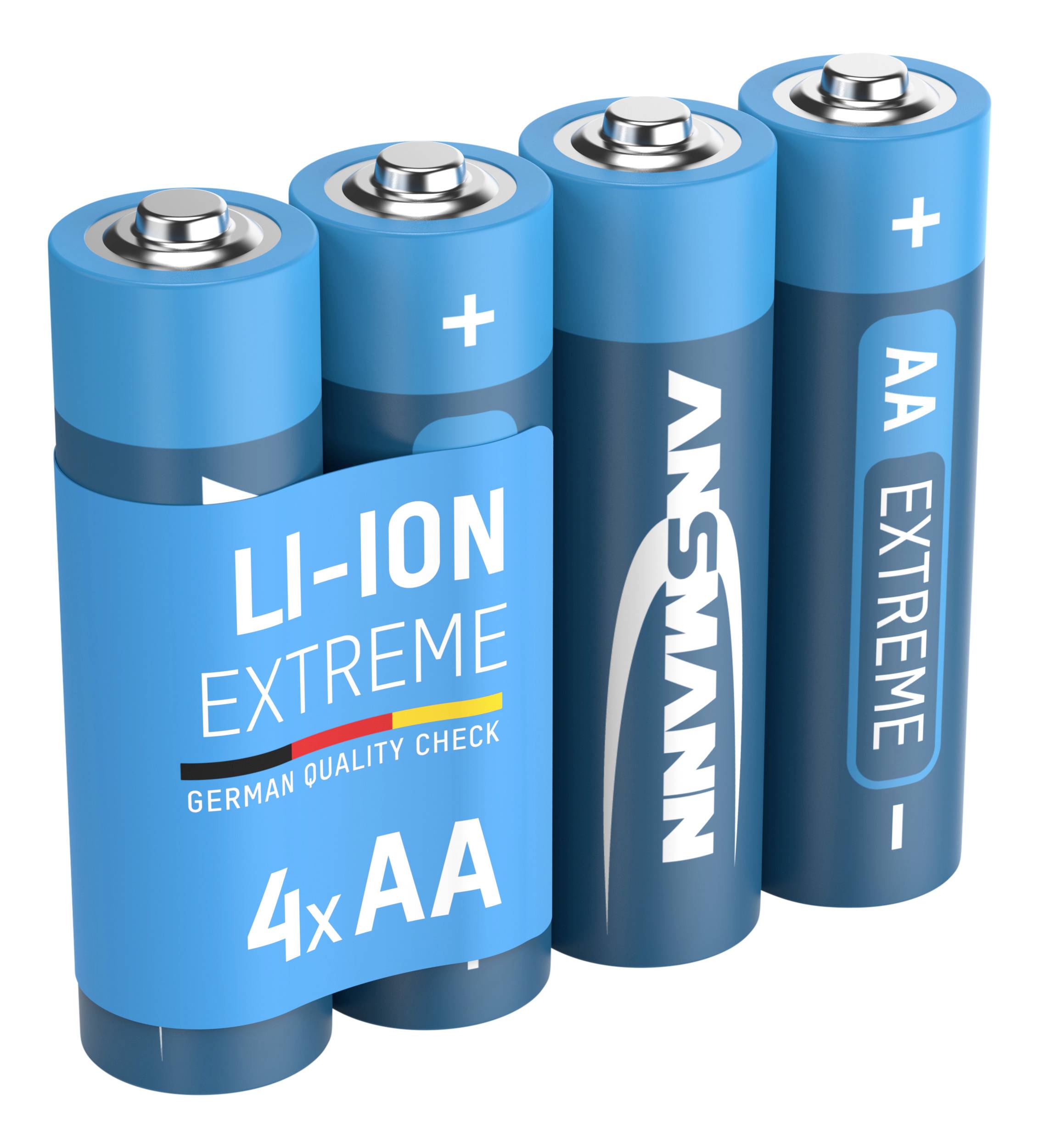 Štyri modré AA batérie, označené nápisom 'LI-ION EXTREME' a 'GERMAN QUALITY CHECK'.