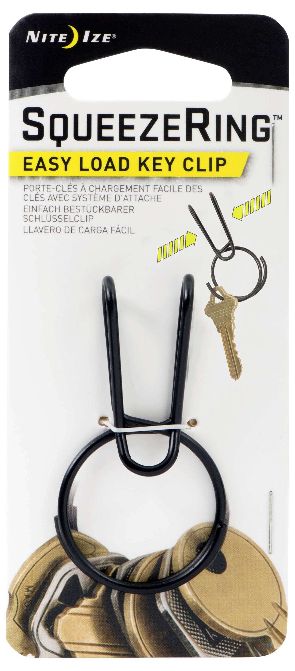 Balenie 'SqueezeRing Easy Load Key Clip' zobrazujúce čierny kovový držiak na kľúče a ilustráciu použitia s pripevnenými kľúčmi.