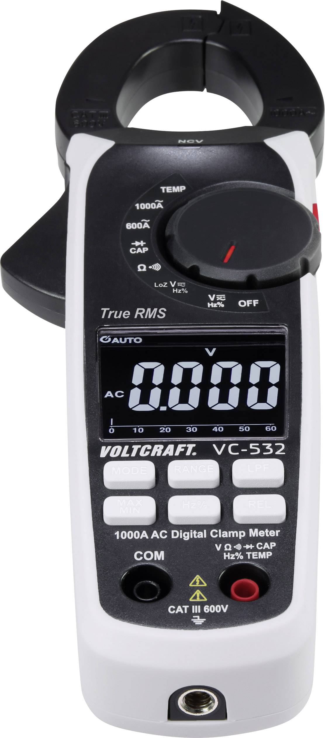 Digitálny kliešťový multimeter s displejom zobrazujúcim '0.000' pre meranie napätia a prúdu. Model 'Voltcraft VC-532', vhodný pre meranie až do 1000A.