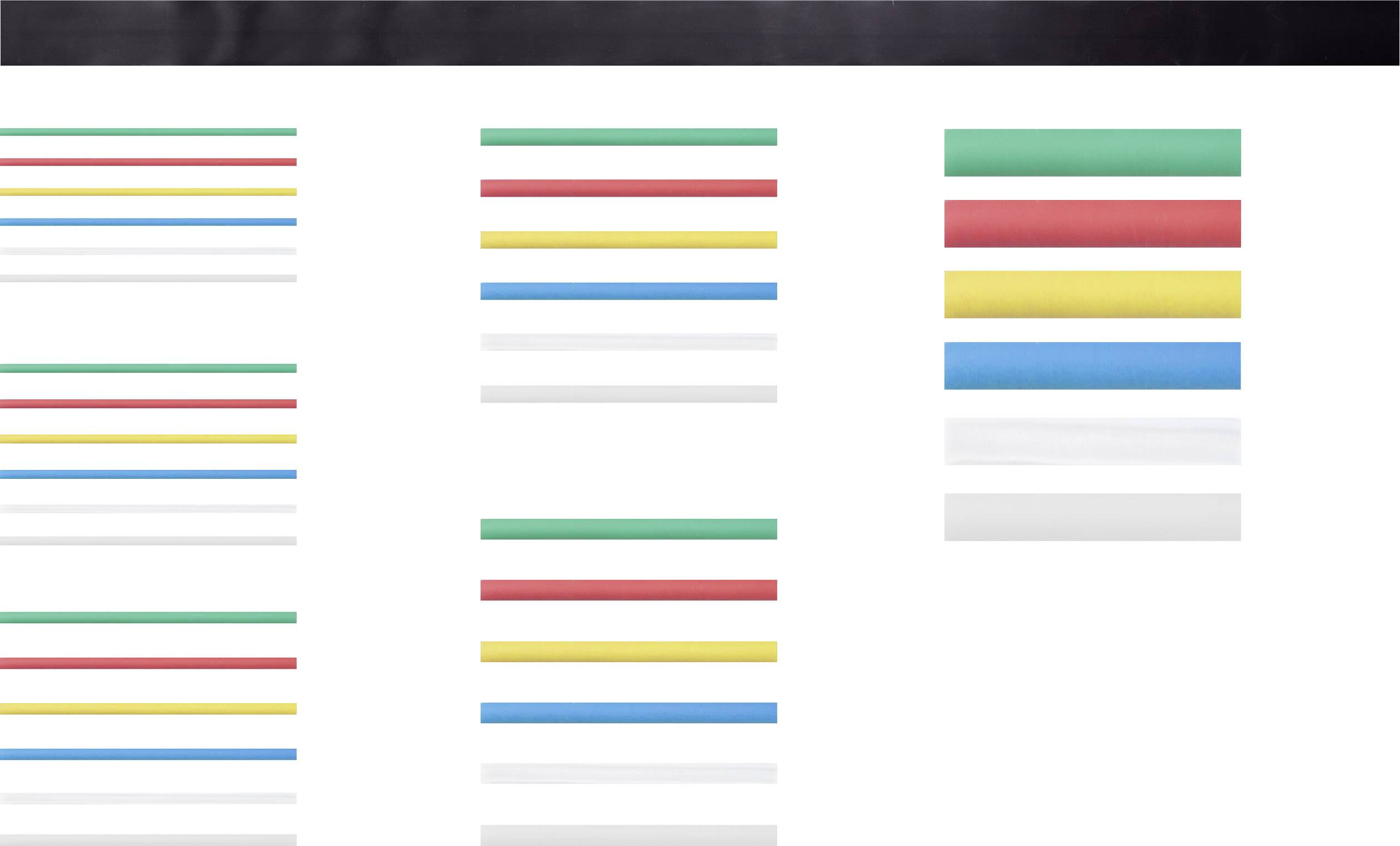 Farebné pruhy v rôznych usporiadaniach; žiadne vysvetľujúce texty.