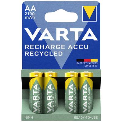 Štyri batérie Varta AA v balení s modrým vrškom a žltým akcentom. Text "Recharge Accu Recycled".