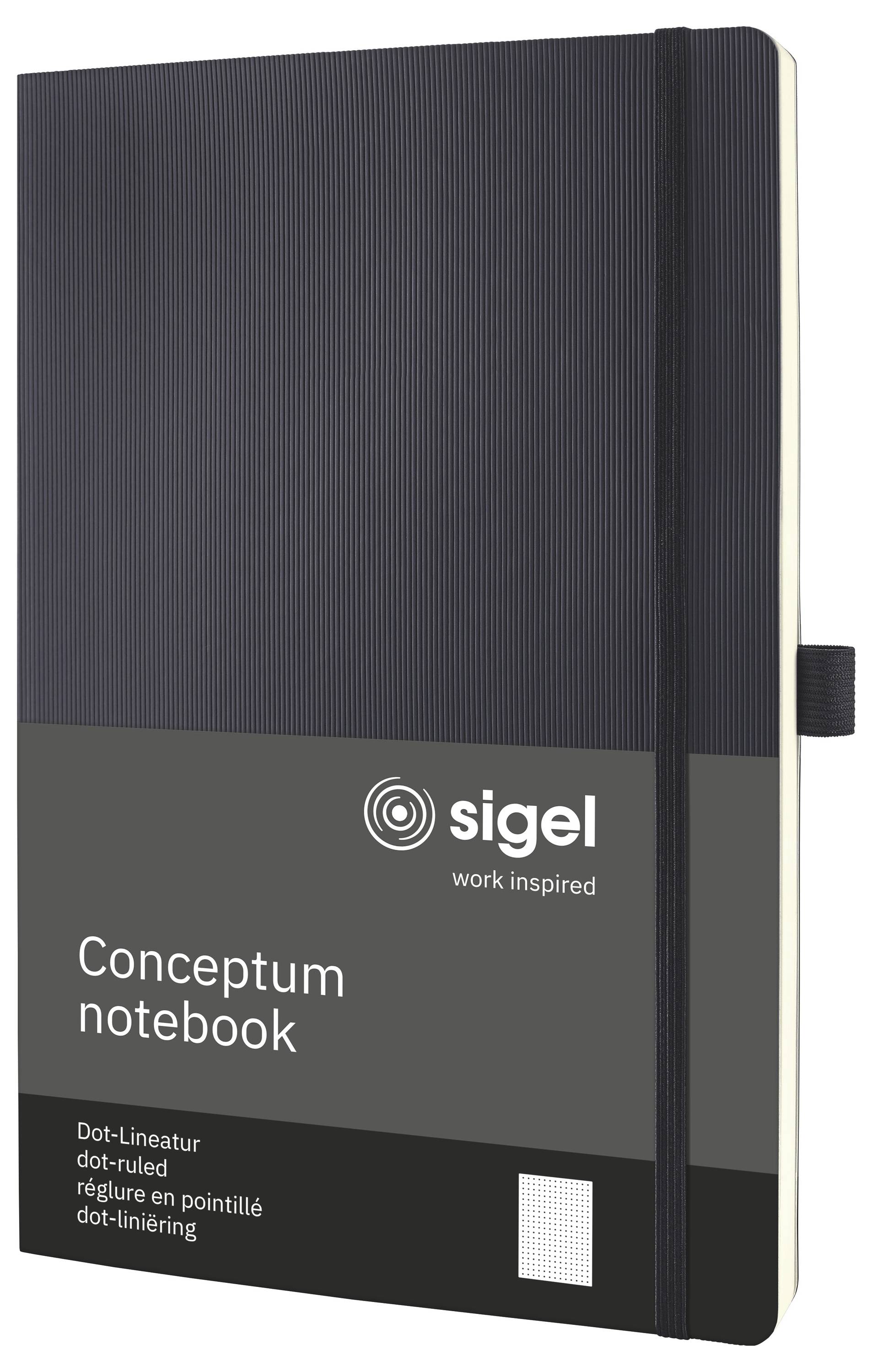 Čierny zápisník Sigel Conceptum s linajúcim papierom a elastickou spona, zobrazený ako obrázok obalu produktu.