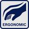 Štylizovaná ruka držiaca predmet s textom 'ERGONOMIC' pod ňou. Symbolizuje ergonomický dizajn.