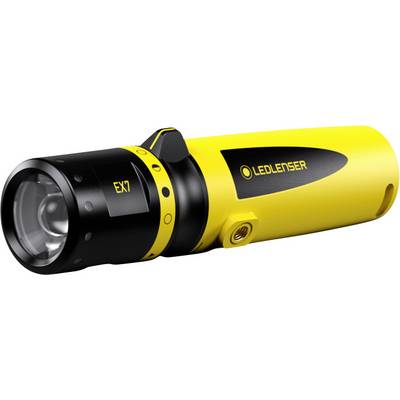 Žltá a čierna LED baterka s nápisom 'Ledlenser EX7' na puzdre.
