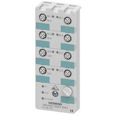 Bielo-sivé elektronické zariadenie so šiestimi okrúhlymi konektormi označenými ako 'IN' a 'OUT'. Logo Siemens je umiestnené dole.