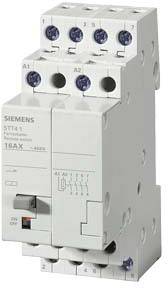 Elektrický stykač Siemens, model 3TA71. Má niekoľko skrutkových svoriek hore a dole na prepojenie elektrických obvodov.
