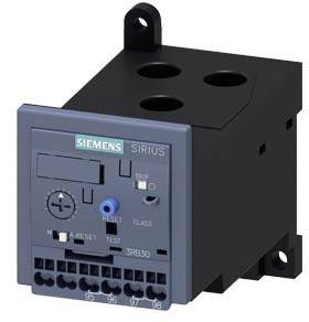 Siemens Sirius nadprúdové relé v čierno-sivej farbe s viacerými zástrčkovými konektormi a nastavovacím gombíkom, určené na ovládanie elektrických zariadení.