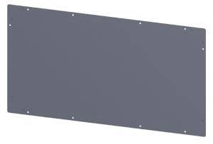 Sivá obdĺžniková kovová doska so skrutkovými otvormi na okrajoch, pravdepodobne súčiastka alebo kryt.