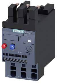 Čierne nadprúdové relé Siemens Sirius 3RU1 s modrými a červenými ovládacími prvkami, používané na riadenie strojov v elektrických systémoch.