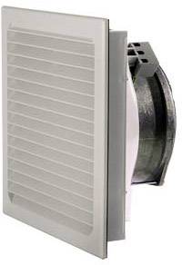 Obrázok obdĺžnikového ventilačného mriežkového krytu s integrovaným ventilátorom, ktorý je možné namontovať na stenu alebo kryt.