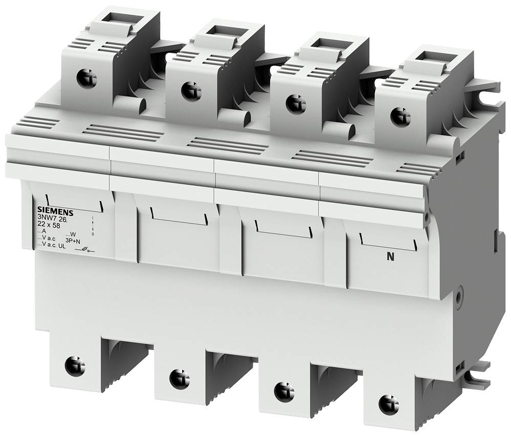 Spínač Siemens v sivom kryte, trojpólový so svorkou neutrálneho vodiča, používaný v elektrických rozvodových systémoch.