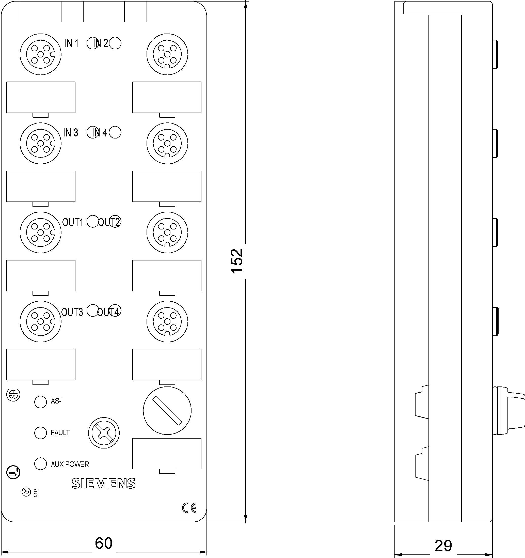 Diagram Siemens zbernicovej jednotky s dvanástimi okrúhlymi konektormi, vyznačenými vstupmi a výstupmi, s uvedenými bočnými rozmermi.