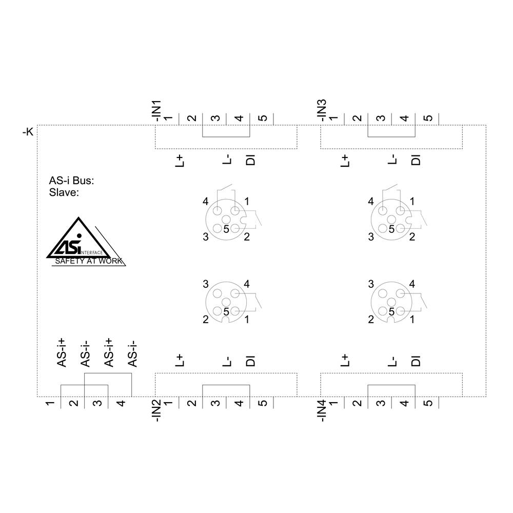 Diagram elektrického rozvádzača AS-i zbernice: Slave s logom AS-i. Zobrazuje body pripojenia a signálové prepojenia na štyroch pozíciach.