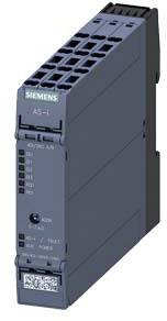 Komunikačný modul Siemens AS-i v čiernom vyhotovení, vertikálneho tvaru, s prípojkami a LED indikátormi na čelnej strane.