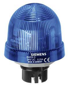 Modrá výstražná signálka od Siemensu, model 8WD5 3, 24V UC, 0,25A. Signálka má okrúhly dizajn a je vhodná na signalizačné účely.