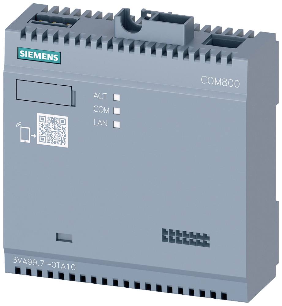 Priemyselný komunikačný modul Siemens COM800 s QR kódom, tromi stavovými LED diódami (ACT, COM, LAN) a krytkou pre SD kartu.