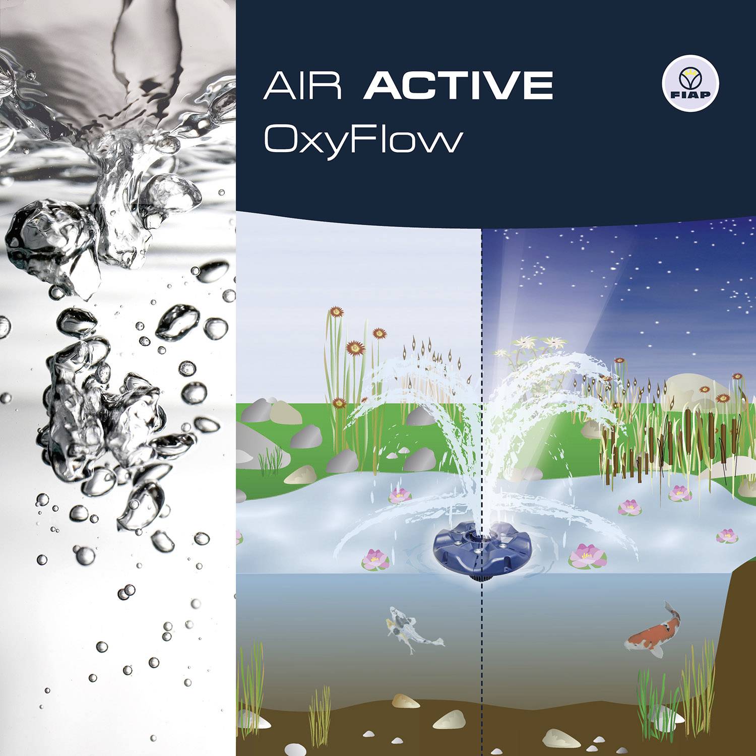 Reklamný obraz 'Air Active OxFlow' vodnej inštalácie s jazerom, rastlinami, rybami a centrálnym vodným stĺpcom, firemné logo vpravo.