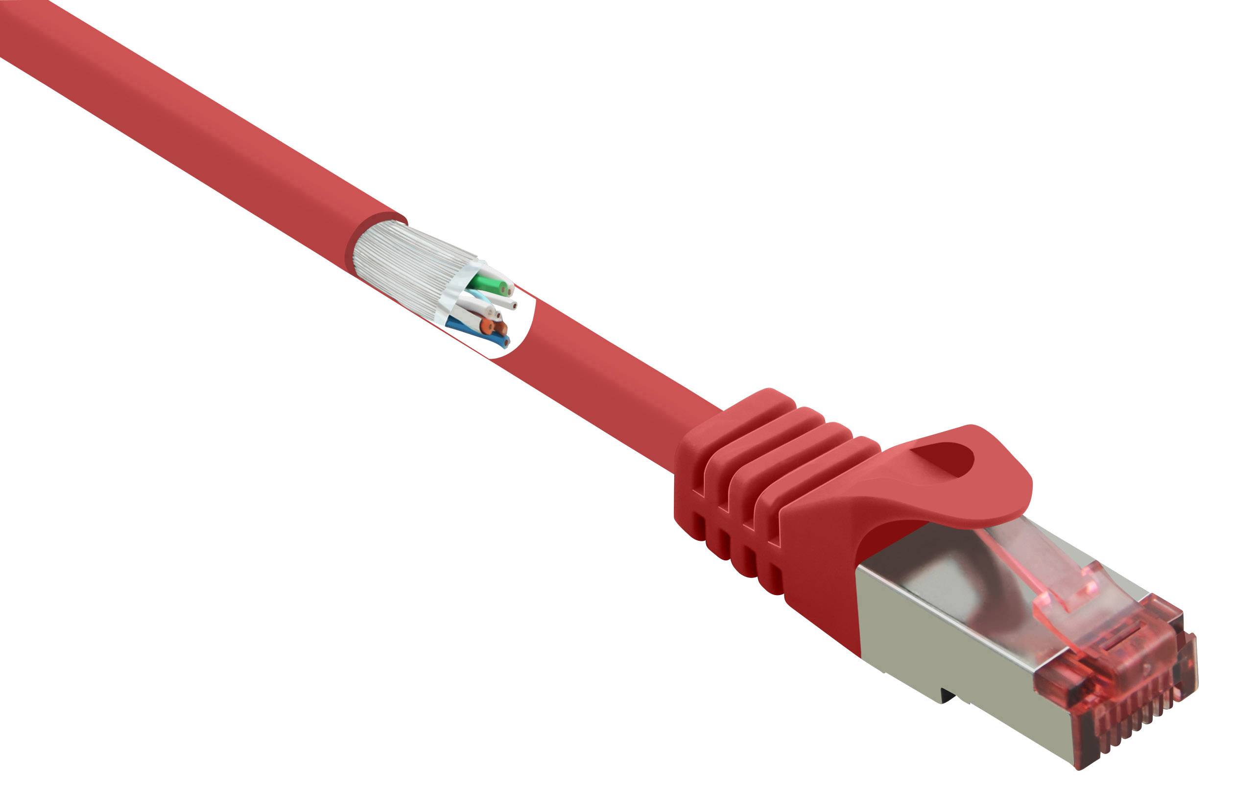Červený ethernetový kábel s konektorom RJ45, ktorý sa používa na sieťové pripojenie.