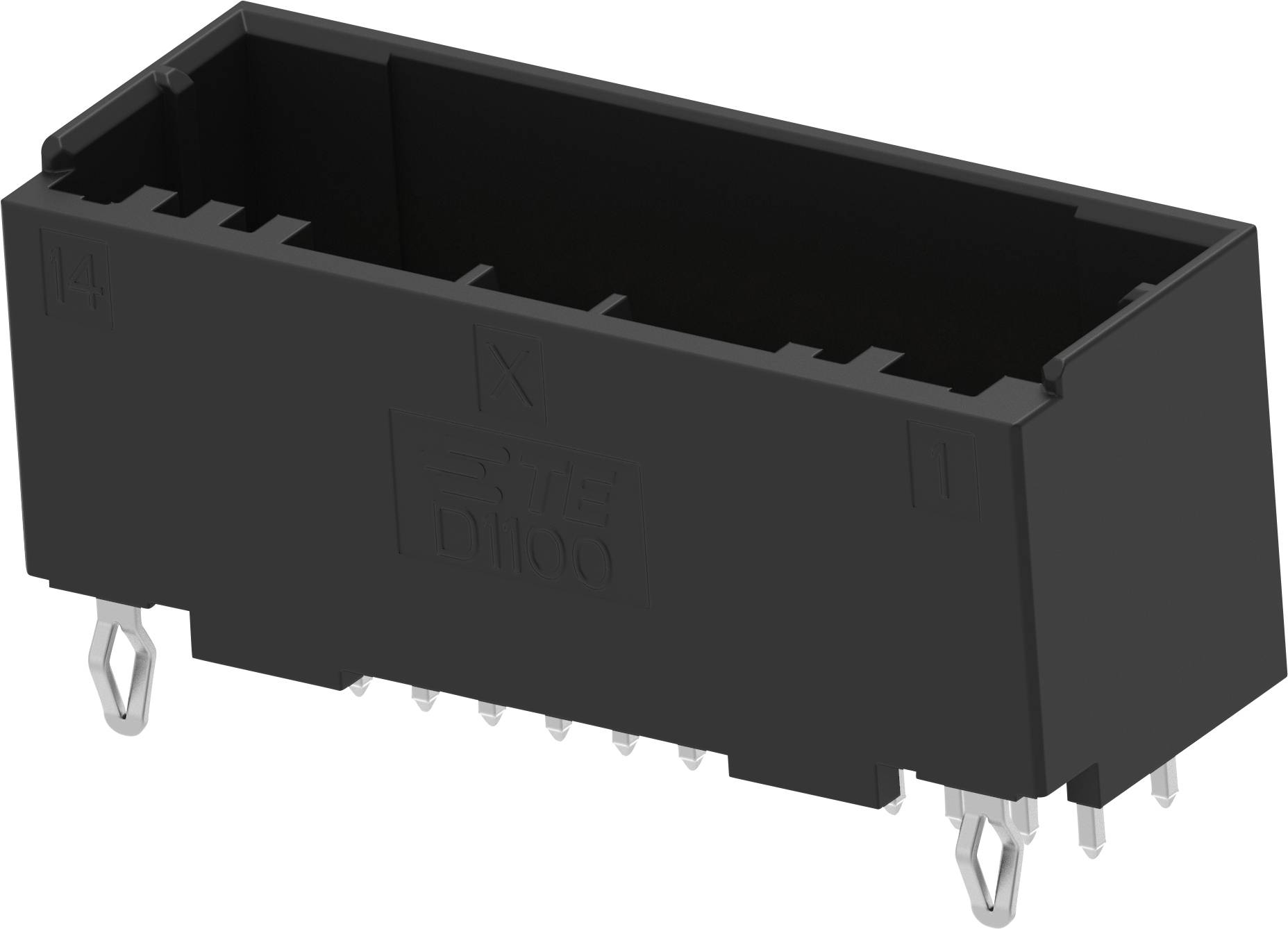Čierny elektronický konektor s viacerými kovovými pinmi, vhodný pre pripojenie zodpovedajúceho protikusu na doske plošných spojov.