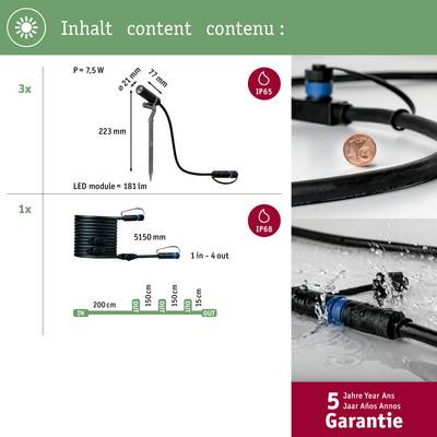'Obsah': Znázornenie LED modulu s technickými špecifikáciami, ochrannou triedou IP65, rozmermi a poznámkou ku garancii.
