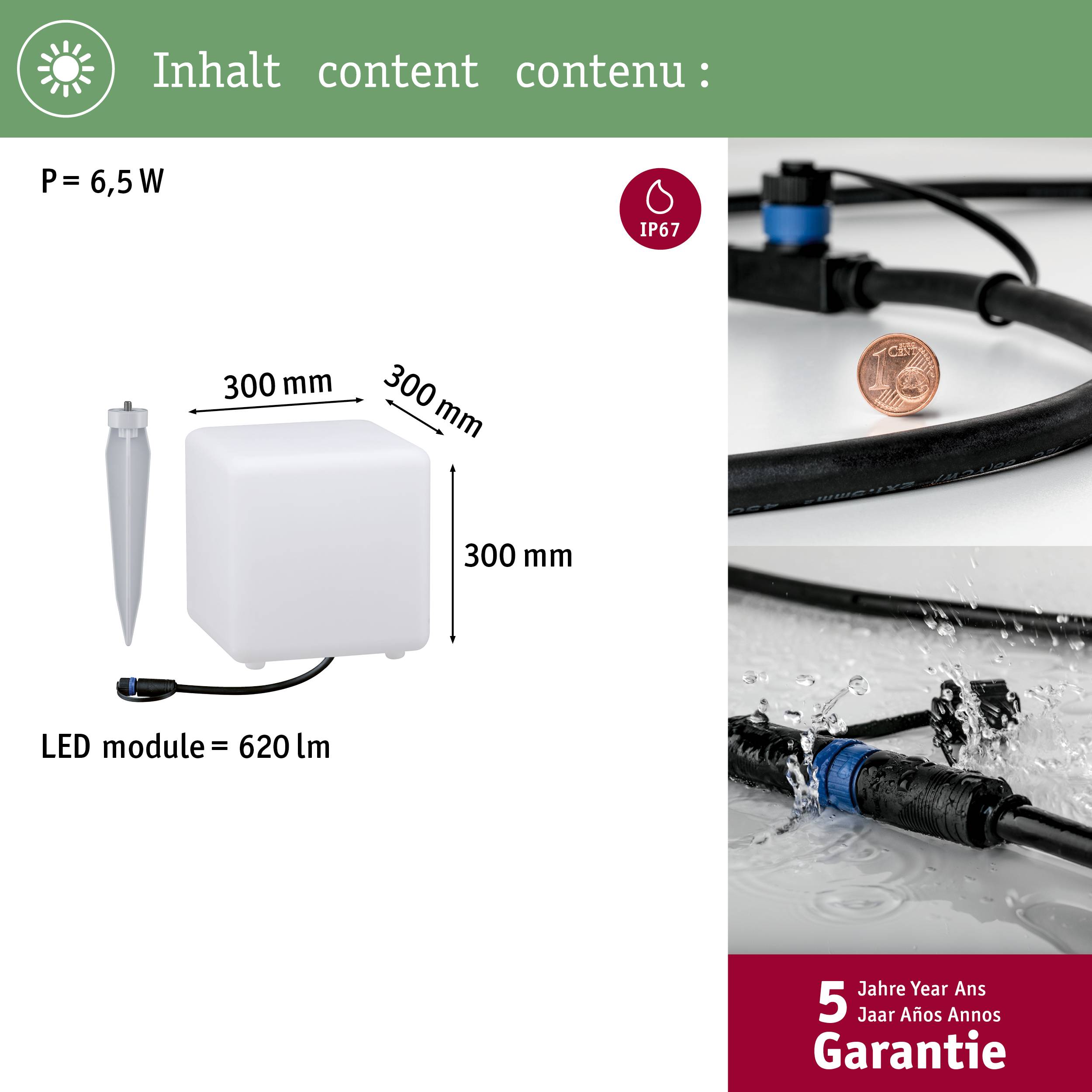 Osvetlenie pre záhradnú oblasť: LED modul, 620 lm, 6,5 W, IP67. Rozmery: 300 x 300 mm. Obsahuje 5-ročnú záruku. Obrázok znázorňuje káblové pripojenia.