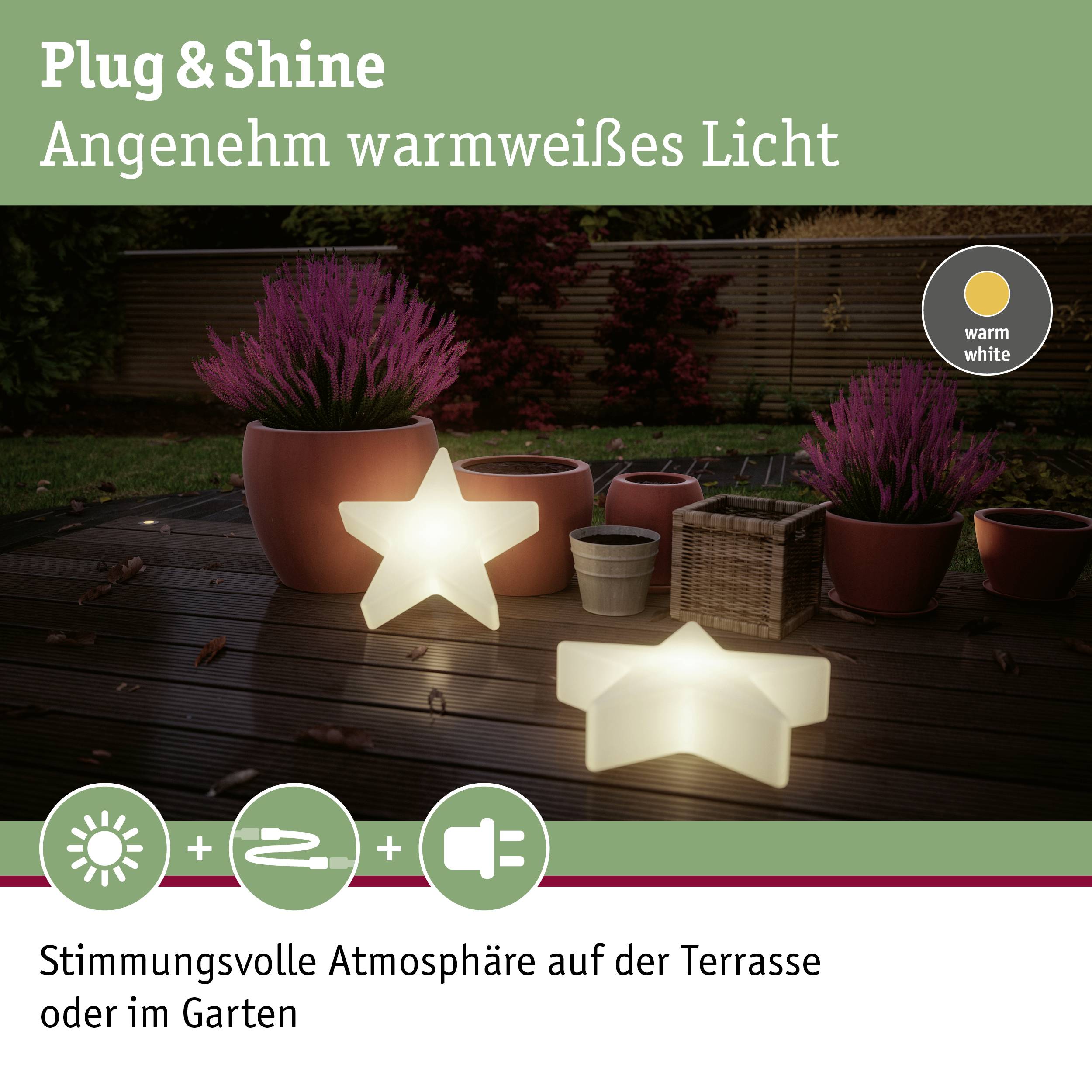 Plug & Shine: dva žiariace hviezdne svietidlá v záhrade, obklopené rastlinami. Text hovorí o teplom bielom svetle pre terasu.