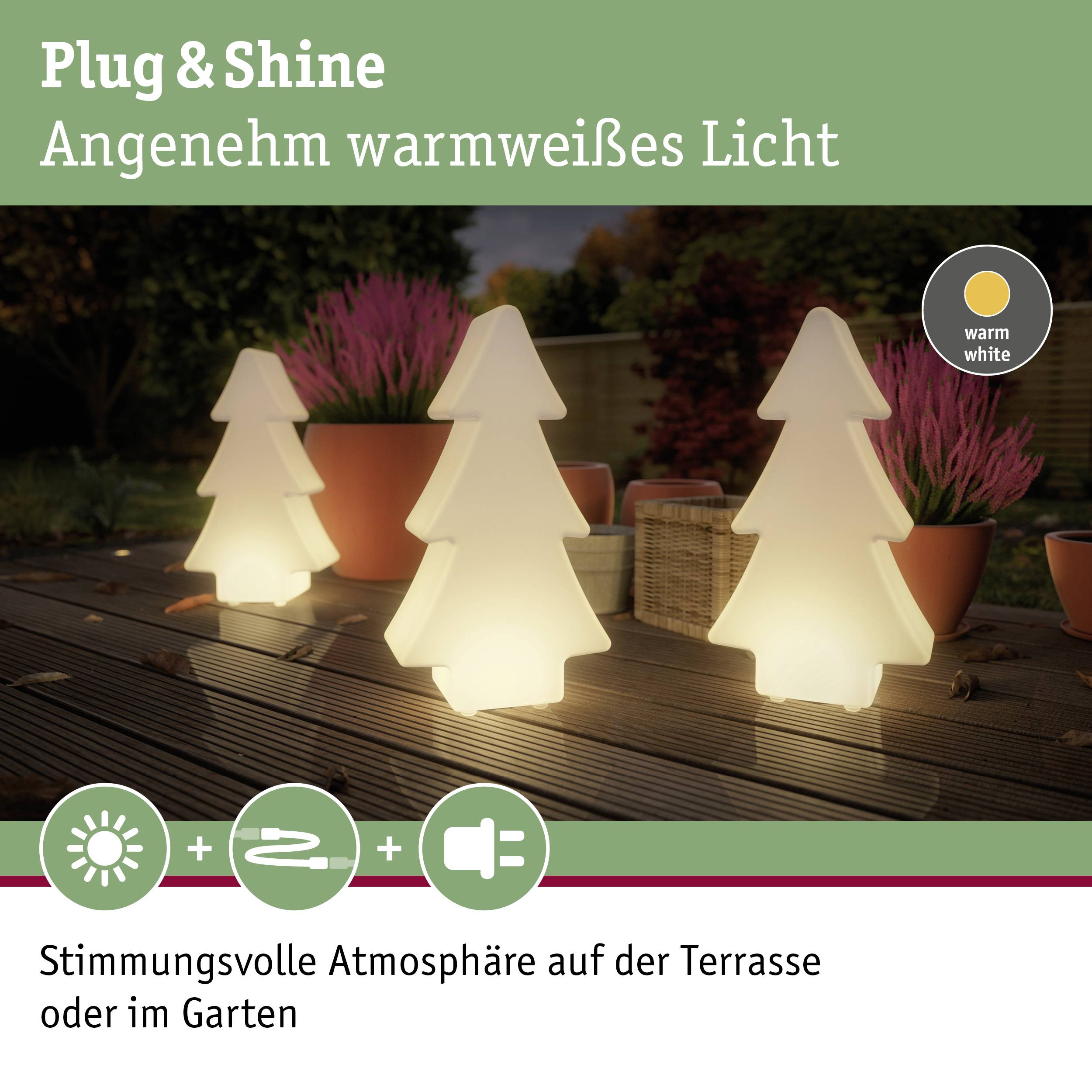 Plug & Shine: Svietiace vianočné stromčeky na terase; teplé biele svetlo vytvára atmosférickú náladu v záhrade.