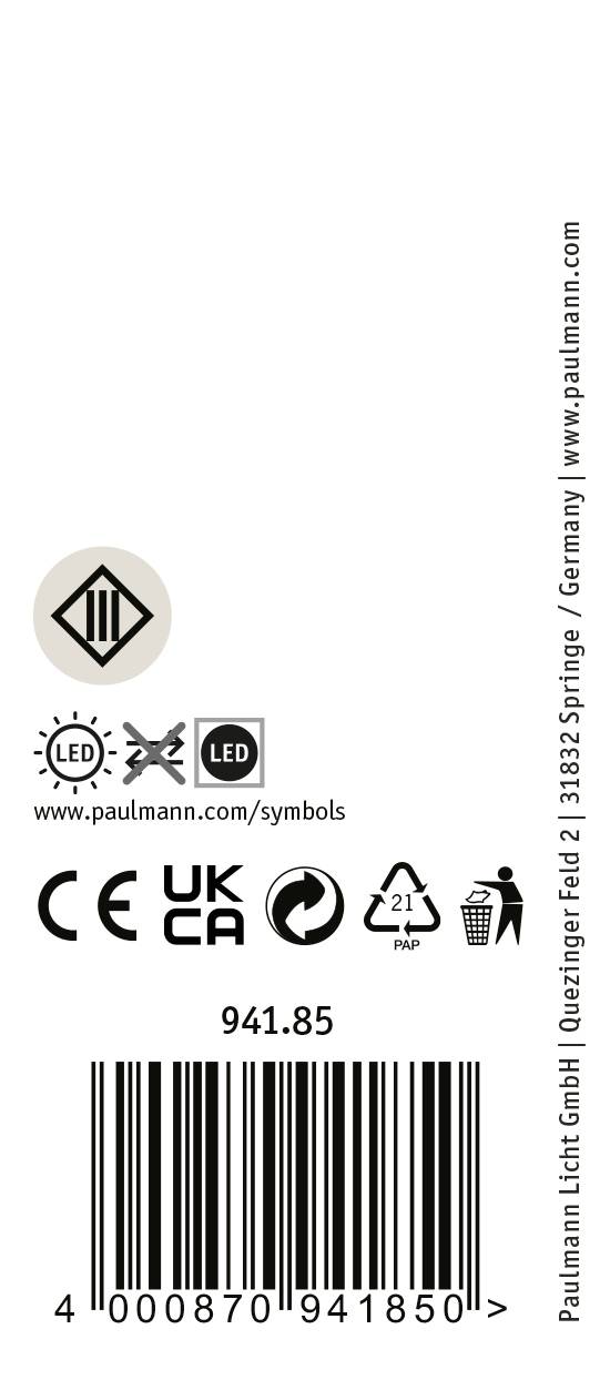 Štítok s LED symbolom, označením CE a UKCA, symbolom recyklácie, čiarovým kódom a informáciami o výrobcovi spoločnosti Paulmann Licht GmbH.