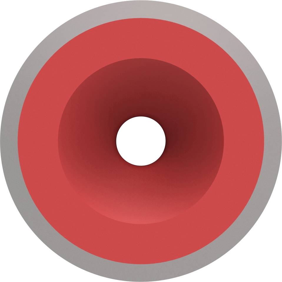 Rovná geometrická forma s koncentrickými kruhmi, podobná lieviku. 3D efekt, smerom dovnútra svetlejšia, so sivým okrajom.