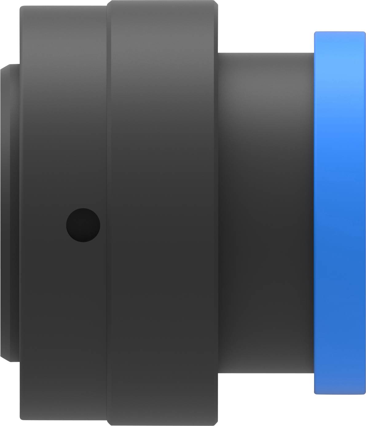 Čierny valcovitý adaptér s modrým prstencom na pravej strane, pohľad zboku.