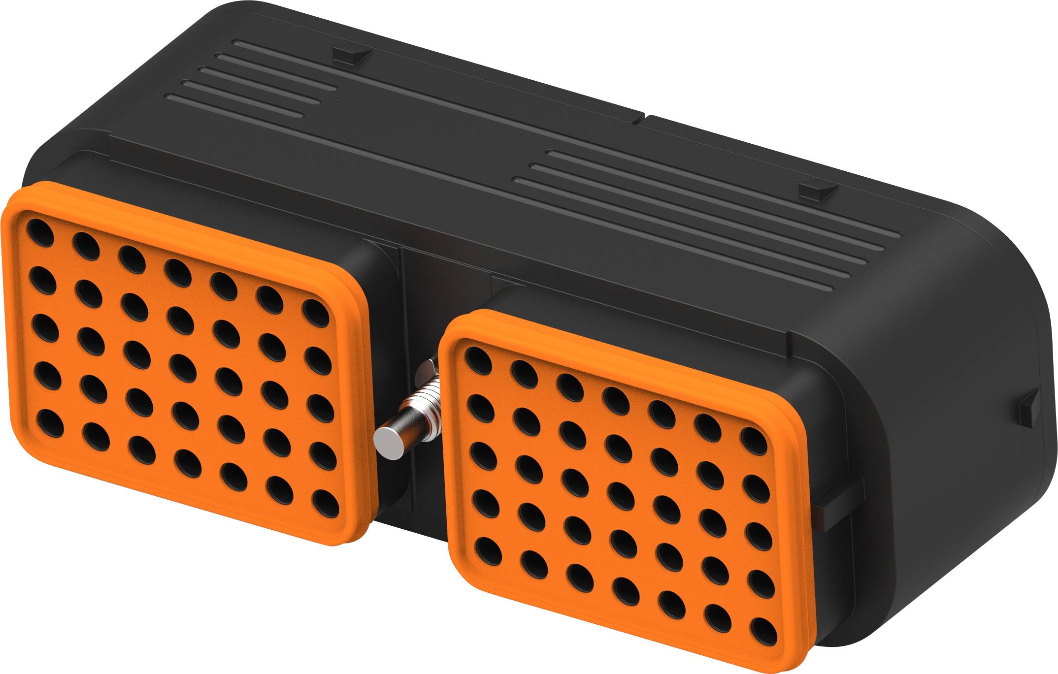 Elektronický konektor s čiernym krytom a oranžovými detailmi. Obsahuje niekoľko pripojovacích bodov pre káblové prepojenia.