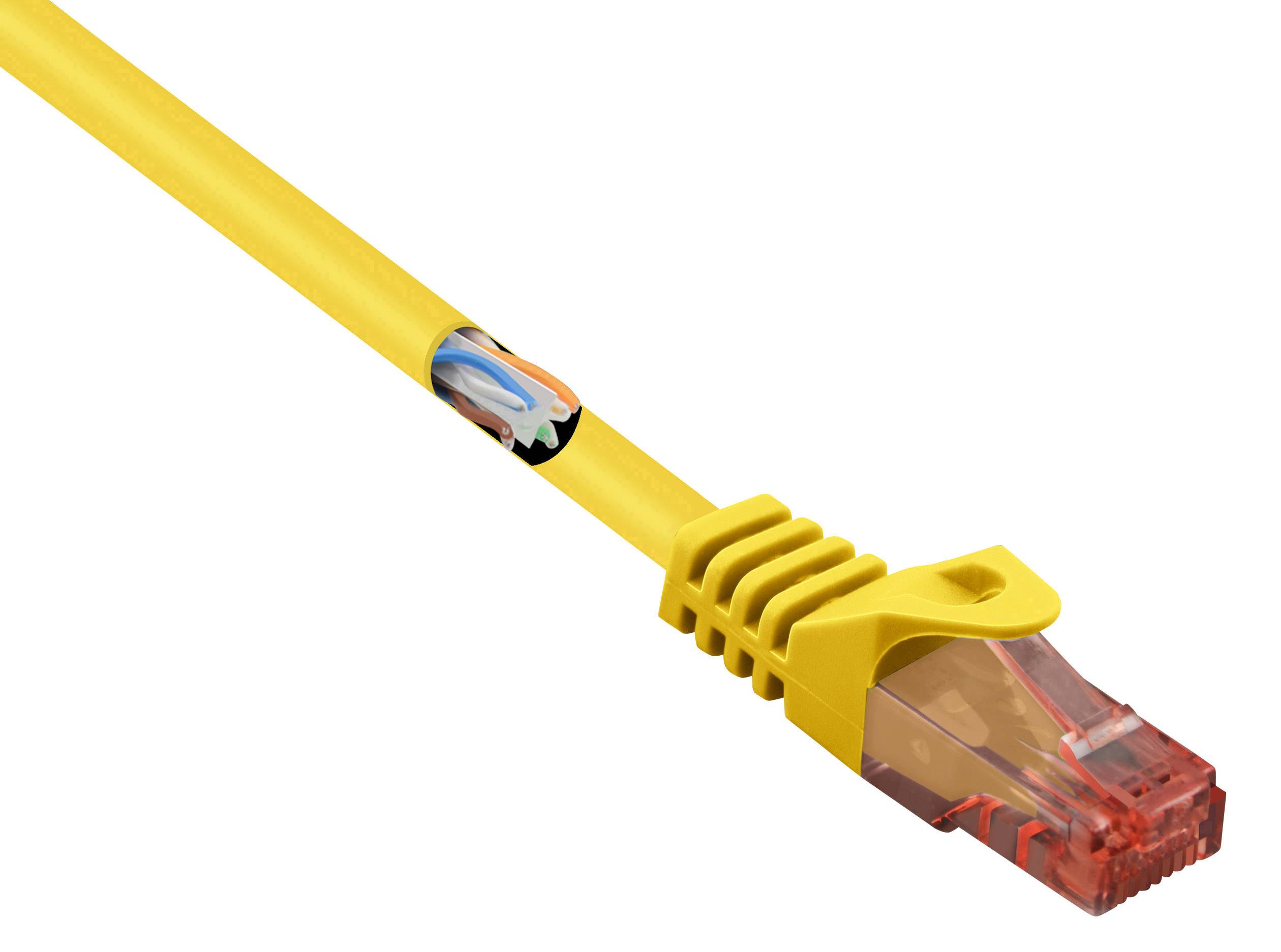Žltý ethernetový kábel s červeným konektorom. Ideálny na prepojenie počítačov do siete.