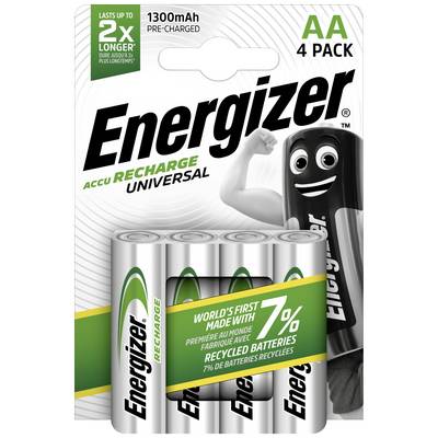 'Balenie nabíjateľných batérií Energizer AA, 4-kusové, dobíjateľné s kapacitou 1300mAh. Vyrobené z 7% recyklovaných batérií. Až 2x dlhšia výdrž.'