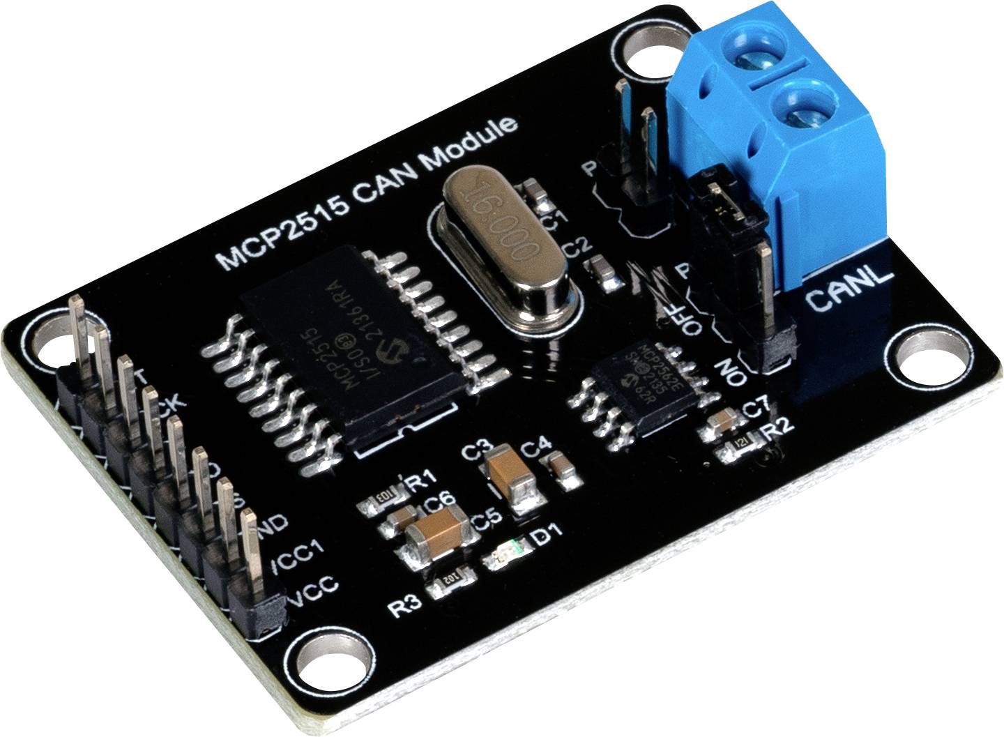 MCP2515 CAN modul, elektronický obvod s pinmi a modrým konektorom, namontovaný na čiernej doske.